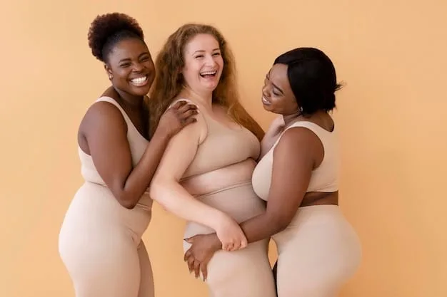 A diverse group of women proudly displaying their bodies with stretch marks. They are smiling and confident, showcasing different body types and skin tones. The background is a bright, outdoor setting, symbolizing freedom and self-acceptance.