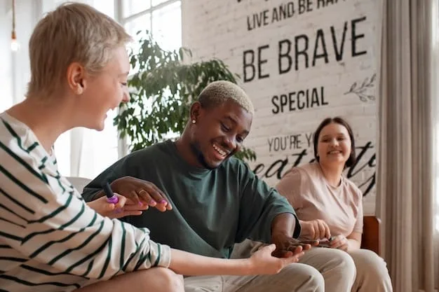A group of diverse people smiling and supporting each other, possibly in a support group or workshop setting. The atmosphere is inclusive and encouraging.