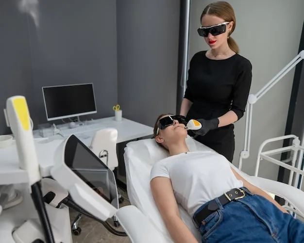 A dermatologist performing a laser treatment on a patient's face. The setting is a clean, modern clinic with advanced equipment. Both the dermatologist and patient are wearing protective eyewear.