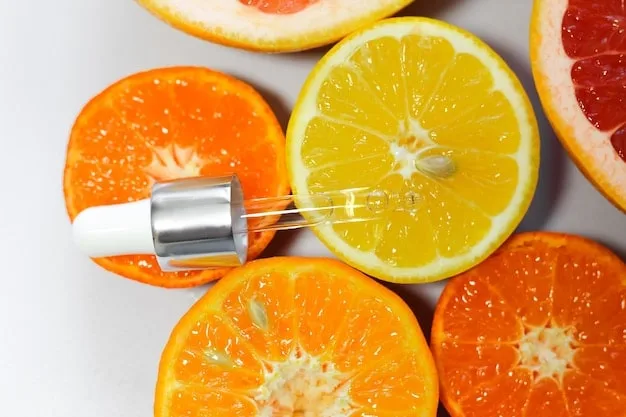 A split image showcasing different types of antioxidant serums (Vitamin C, E, Ferulic Acid) alongside fresh fruits like oranges and berries, emphasizing the natural and protective qualities of antioxidants for the skin.