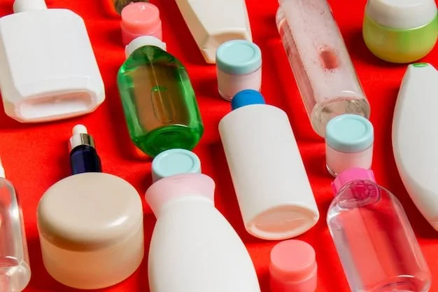 A close-up shot of various skincare products arranged neatly on a shelf, including a cleanser, toner, serum, moisturizer, and eye cream. The products are labeled with their key ingredients such as retinol, hyaluronic acid, and vitamin C.