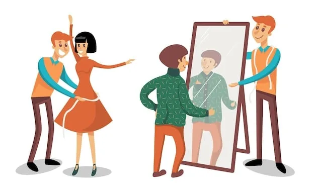 A person looking at themselves in a mirror with a mix of emotions, including self-doubt and moments of self-acceptance. The reflection is slightly distorted, symbolizing the subjective nature of body image.