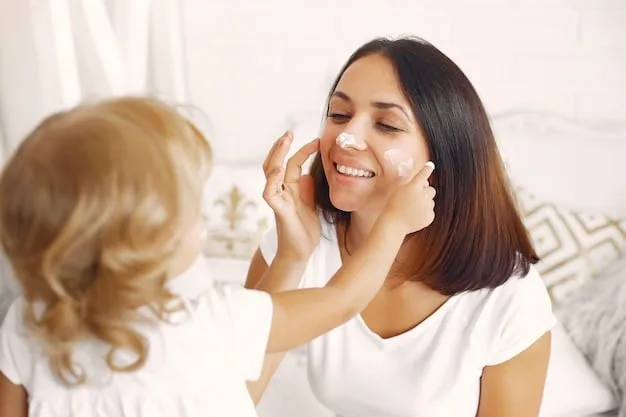 A US mom applying moisturizer to her face in front of a mirror, with sunlight streaming in softly. She is smiling gently.