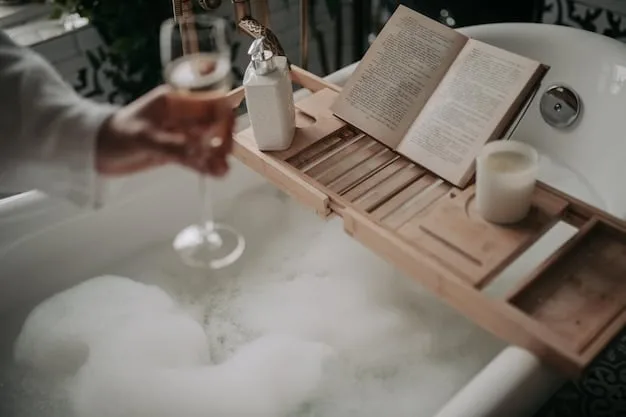 A person enjoying a luxurious bubble bath with candles lit around the tub, a wooden bath tray holding a book, a glass of wine, and a small diffuser releasing aromatic mist into the air, creating a perfect spa-like ambiance at home on a calm Sunday.