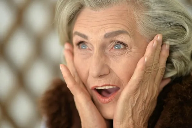 A close-up of an elderly woman's smiling face with wrinkles around her eyes. She has kind eyes and a genuine, warm smile. The focus is on her natural, joyful expression and the beauty of her aging face.