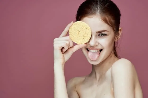 A woman gently exfoliating her face with a soft scrub, with a focus on the texture of the skin and the gentle circular motions.