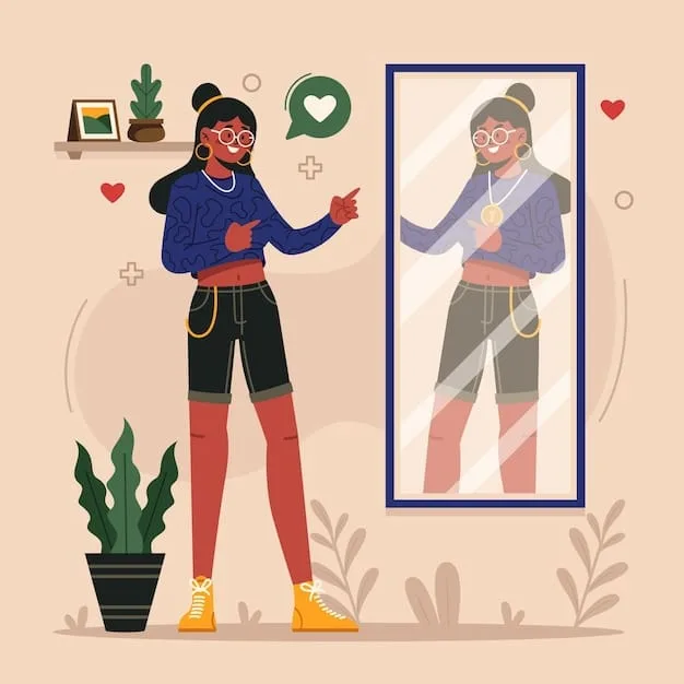A person standing in front of a mirror, smiling and accepting their reflection. The room is brightly lit and decorated with positive affirmations and body-positive artwork.
