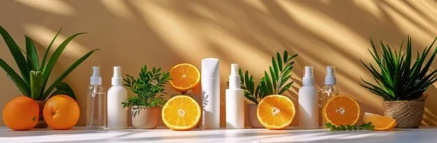 A well-organized skincare shelf featuring products like cleanser, vitamin C serum, moisturizer, and sunscreen, arranged neatly to emphasize the importance of a consistent routine for managing hyperpigmentation.