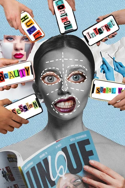 A collage showing various types of social media posts that can act as body image triggers: heavily filtered selfies, fitness ads with unrealistic bodies, and comparison-based posts.