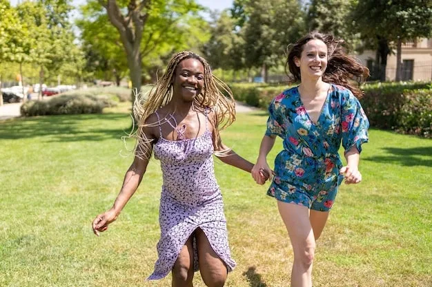 A diverse group of friends walking together in a park, laughing and supporting each other. They are all dressed comfortably and appear to be enjoying each other's company and the natural surroundings.