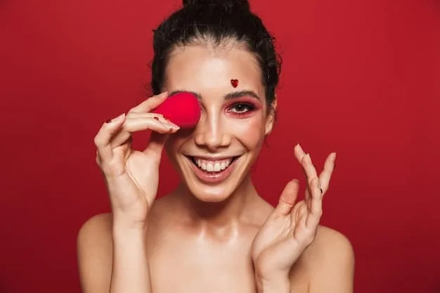 A woman with a heart-shaped face applying blush in a C-shape from the temples to the cheekbones. The image highlights the correct placement of blush for this face shape, with a focus on lifting and defining the cheekbones.