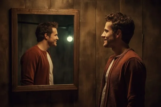 A man standing in front of a mirror, looking at his reflection with a thoughtful, neutral expression. The lighting is soft and diffused, without strong shadows. He is wearing a plain t-shirt, and the environment is a minimalist, modern bathroom. The focus is on his expression and the interaction with his own image.