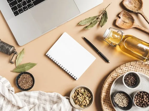 A desk with a laptop, a journal, and various self-care items such as essential oils, a candle, and a small plant. The scene is well-organized and inviting, suggesting a mindful and intentional approach to self-care.