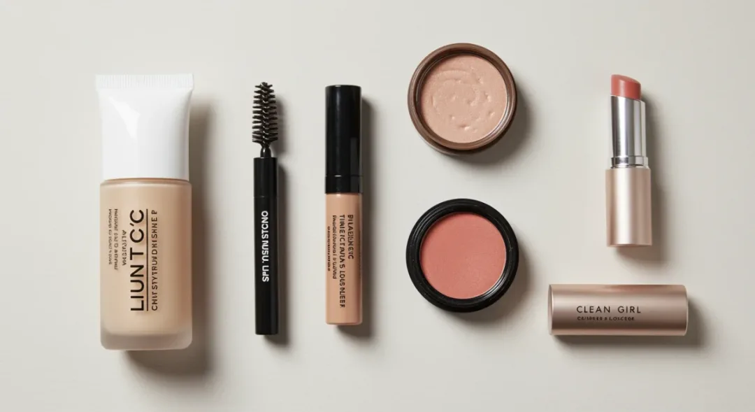 Minimalist makeup essentials for achieving the 'clean girl' aesthetic.