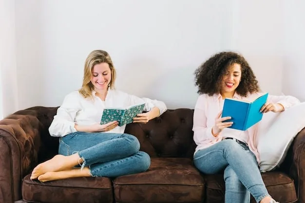 Two women sitting on a couch, laughing and reading a book together. They both have different body types and are dressed comfortably. The scene is warm and inviting, emphasizing their friendship and acceptance of each other.