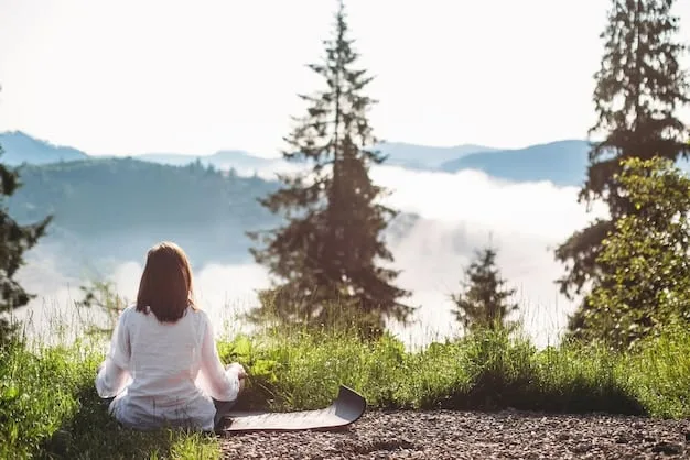 A person meditating outdoors on a clear Sunday morning, surrounded by nature, emphasizing mindfulness and connecting with inner peace.