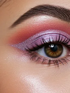 Model with vibrant iridescent graphic eye makeup, trending Spring 2026