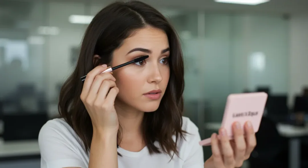 Woman applying mascara as part of a 10-minute face routine