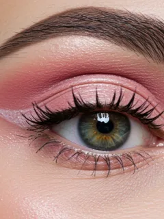 Model with fresh spring eye makeup, pastel eyeshadow, and winged liner