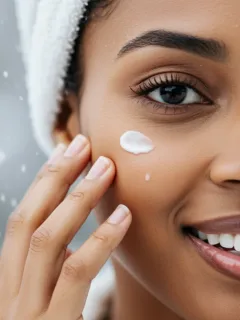 Woman applying rich moisturizer to her hydrated face in winter