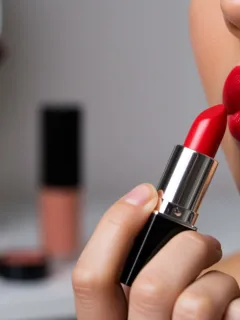 Woman applying red lipstick for long-lasting lip perfection