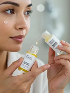 Woman carefully applying retinoid serum to her face for skincare routine