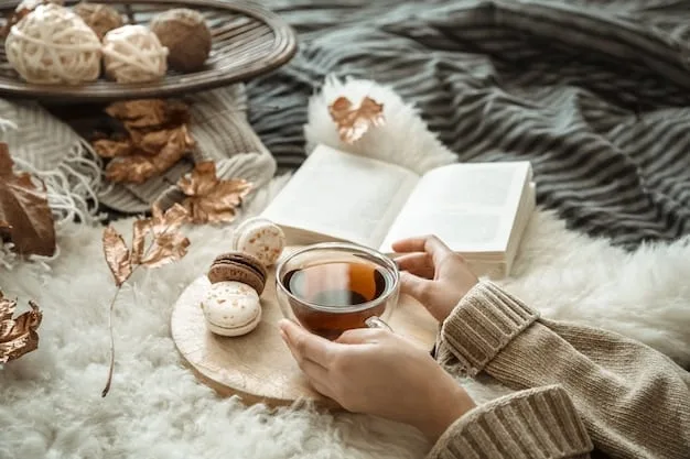 A person journaling in a cozy, sunlit space with a cup of tea nearby, perhaps a soft blanket visible. The atmosphere is calm and inviting, suggesting introspection and self-care.