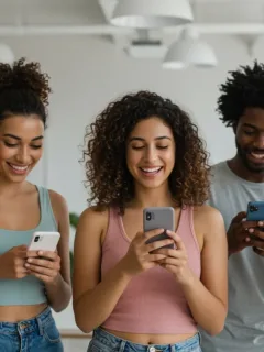 Diverse individuals engaging positively with social media, promoting body positivity and mental well-being in 2026.