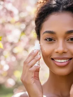 Woman with glowing skin applying serum amidst spring flowers, symbolizing a fresh skincare routine for the season.