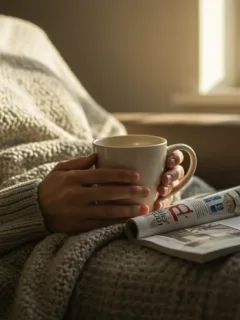 Person enjoying a peaceful self-care Sunday with a warm drink and book