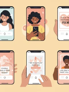 Diverse individuals using body positivity apps on smartphones, smiling and engaged in self-care activities.