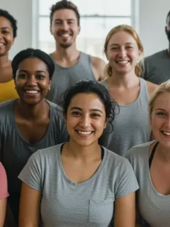 Diverse group happily participating in body positivity challenge, smiling and confident.