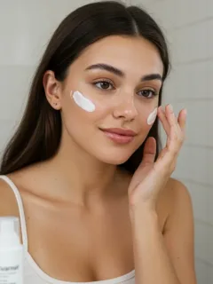 Woman applying affordable moisturizer to glowing skin, surrounded by budget-friendly skincare products