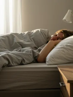Serene bedroom with a sleeping person and a turned-off smartphone, symbolizing digital detox for better sleep