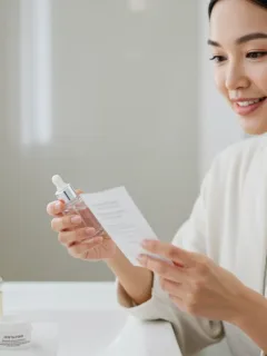 Woman examining skincare products on a vanity, focusing on product ingredients for an effective routine.