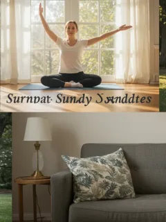 Diverse US adults relaxing on a Sunday, reading, doing yoga, walking, and listening to music, symbolizing stress reduction.