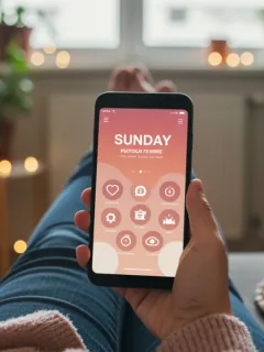 Person using a self-care Sunday app on a smartphone in a relaxed setting.