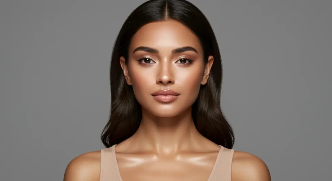 Heart-shaped face model with highlighting on forehead, nose, and cupid's bow.