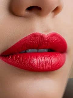Woman with vibrant red long-lasting lipstick, perfectly applied