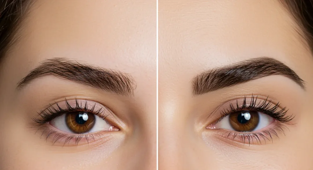 Before and after comparison of eyebrow transformation through grooming and styling.