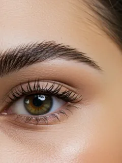 Model with perfectly shaped and defined eyebrows, illustrating current beauty trends.