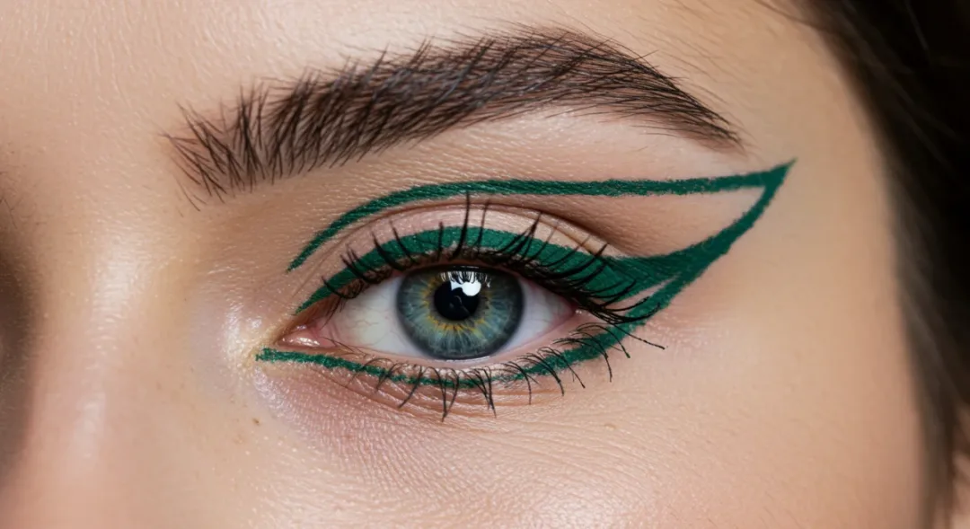 Bold graphic eyeliner in emerald green for creative looks