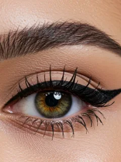 Model with sharp black winged eyeliner for Fall 2026