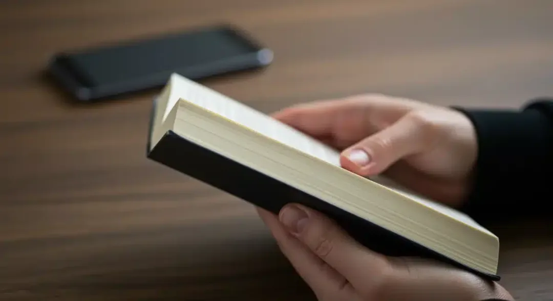 Hands holding a book, smartphone face down, symbolizing analog engagement.