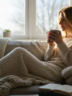 Woman enjoying a peaceful Sunday self-care ritual at home, surrounded by comfort.