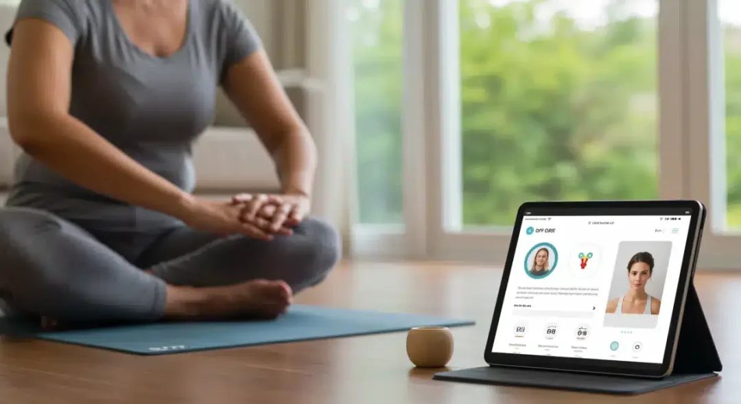 Person practicing mindfulness with a self-care app open on a tablet.