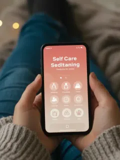 Woman using a Sunday self-care app on her phone in a cozy setting.