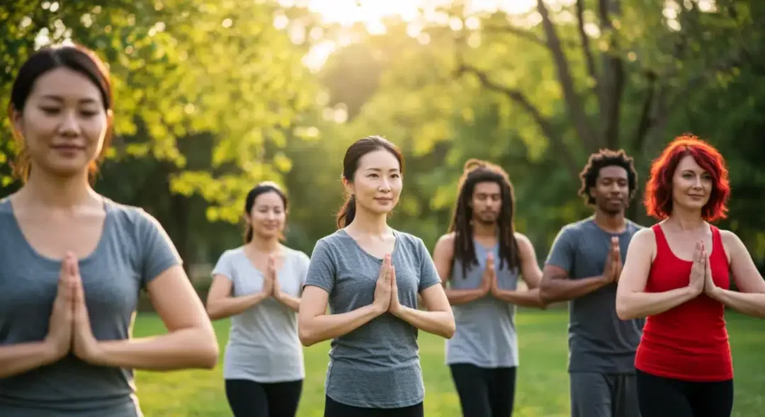 Diverse group engaging in outdoor mindfulness walk, fostering community well-being.
