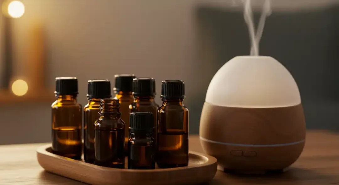 Selection of essential oil bottles and diffuser for self-care