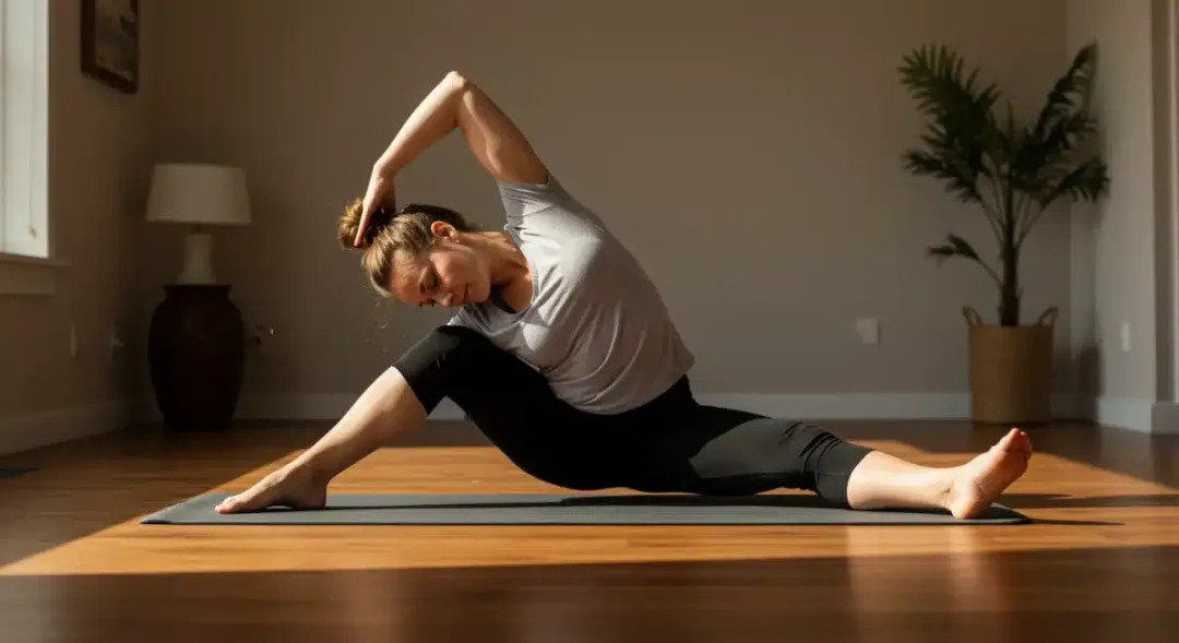 Person practicing mindful movement, gentle yoga indoors